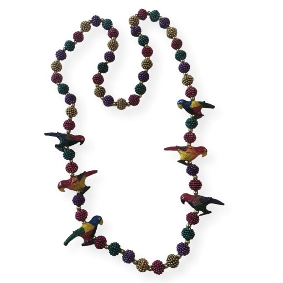Parrot Beaded Necklace Tropical 42" Macaw Birds Purple Gold Pink Red Green - Picture 1 of 6